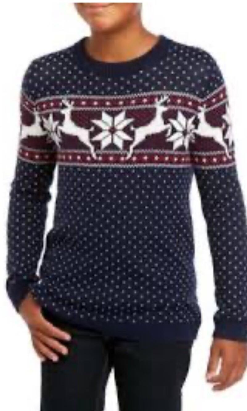 Crown & Ivy Christmas Fair Isle Reindeer Sweater Boys LARGE Navy Blue 100% Cottn